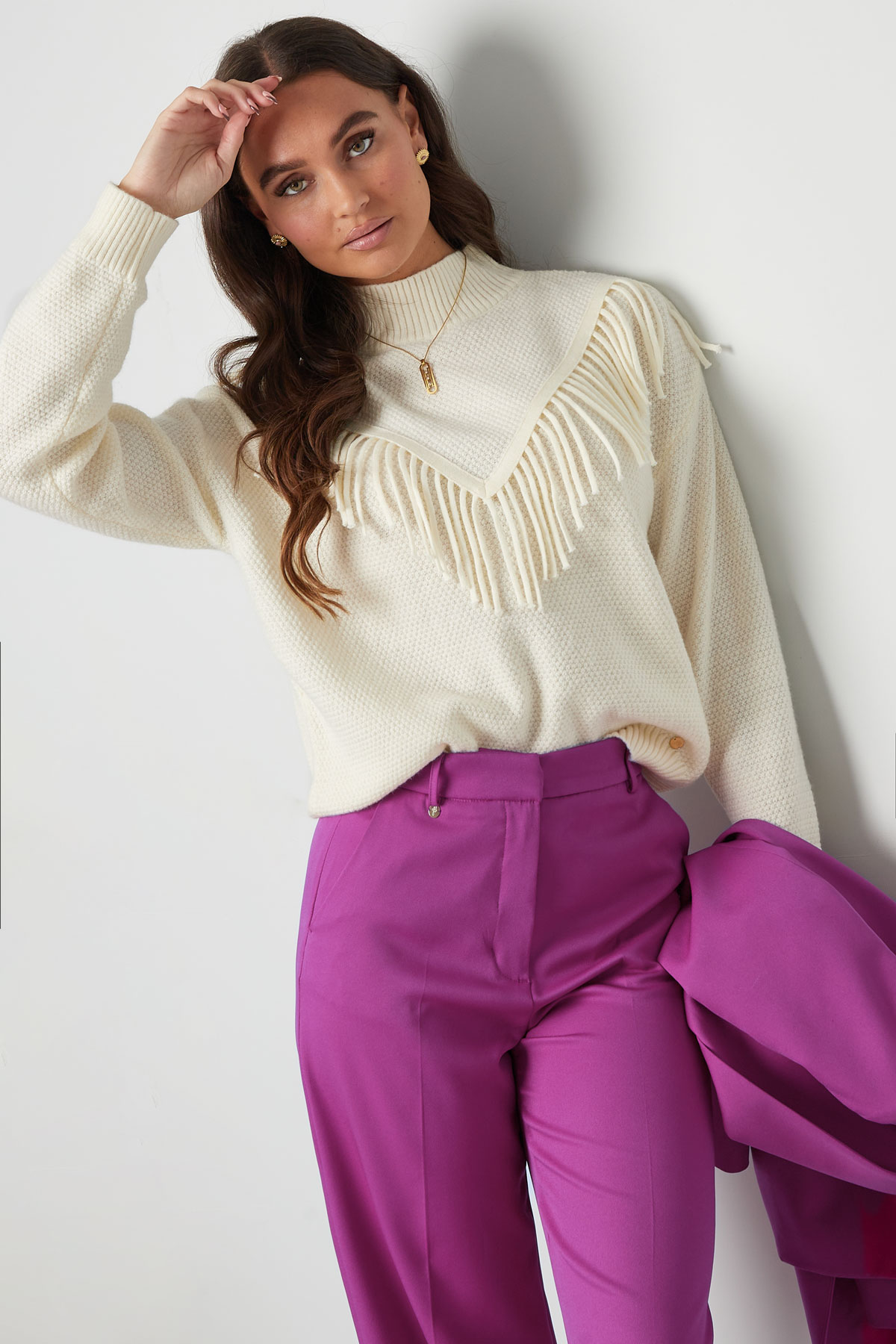 Gestrickter Basic-Pullover mit Fransen – grün h5 Bild11